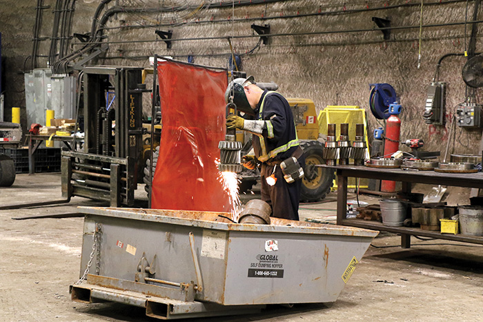 One of the workers at Nutrien Rocanville Potash welding underground in the mine.